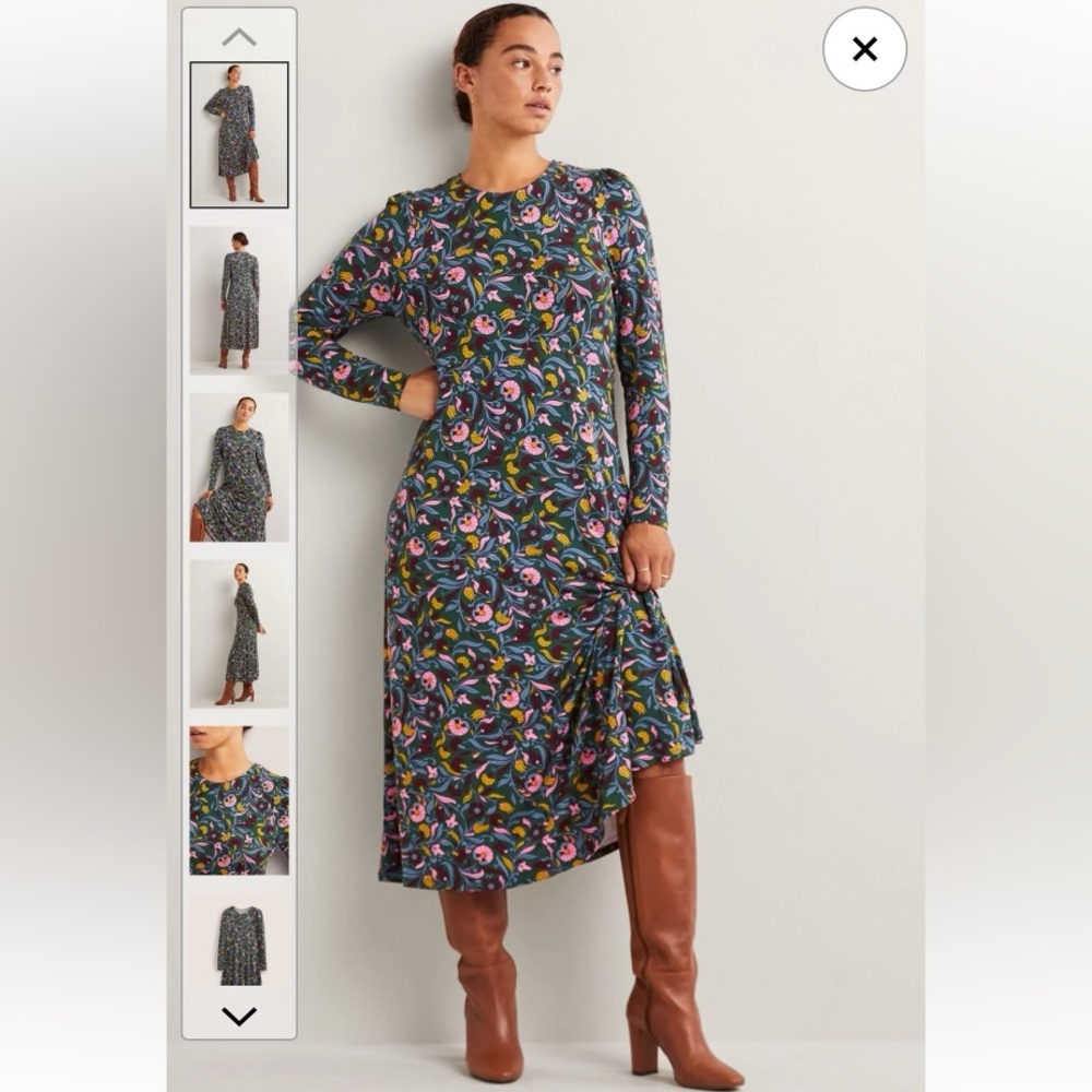 Boden Floral Midi Dress in Navy, Pink & Green